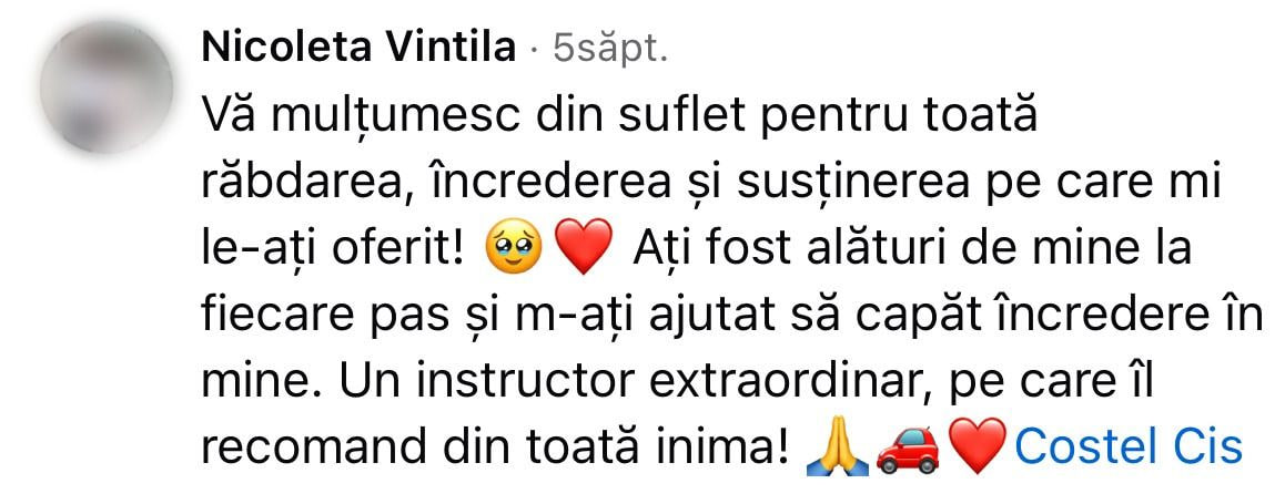 Nicoleta Vintila pe Facebook: „Vă mulțumesc din suflet pentru toată răbdarea, încrederea și susținerea pe care mi le-ați oferit! Ați fost alături de mine la fiecare pas și m-ați ajutat să capăt încredere în mine. Un instructor extraordinar, pe care îl recomand din toată inima! Costel Cis”